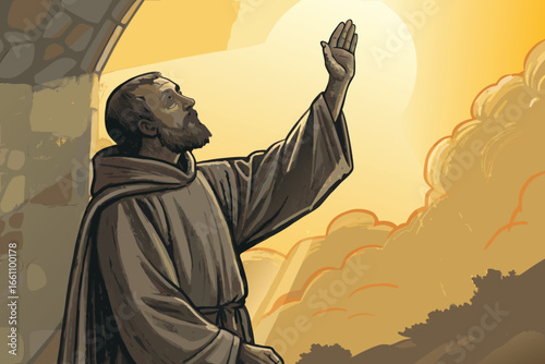 A solemn priest bestowing a blessing with a raised hand, a flat, circular wafer held aloft.