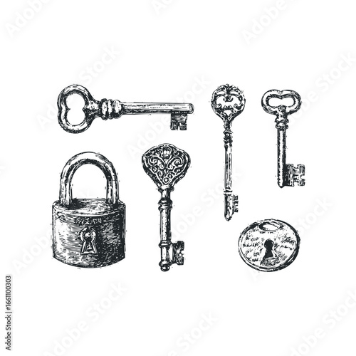 Collection of antique metal keys and padlock with keyhole illustration
