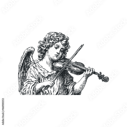 Engraved angel playing the violin with detailed linework