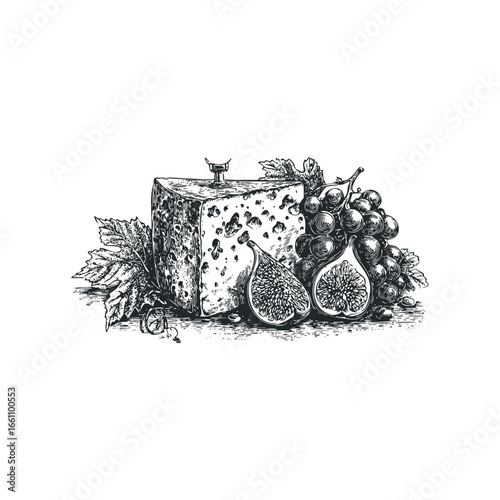 Ink sketch of artisanal cheese, ripe figs, and grapes with textured leaves