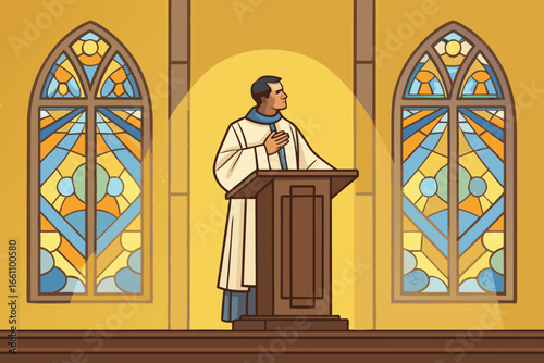 A devout priest delivers a powerful sermon, illuminated by the radiant glow of intricate stained glass windows.