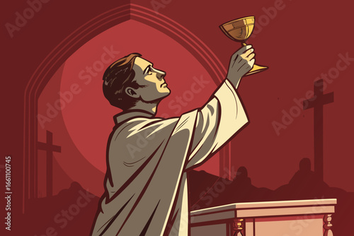 A priest raising a golden chalice for holy communion, sunlight illuminating the ritual.
