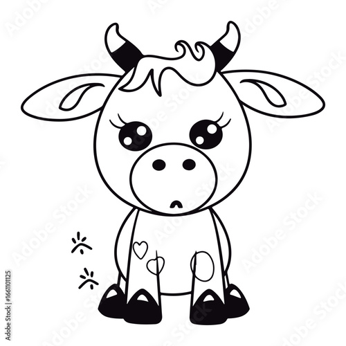 outlined baby Cow kawai coloring page illustration.