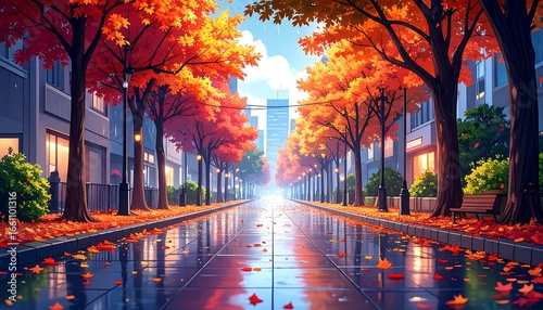 Autumnal city street with rain reflections