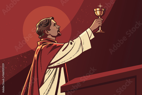 Orthodox priest reverently lifts ornate chalice, administering sacred wine at solemn holy communion service.