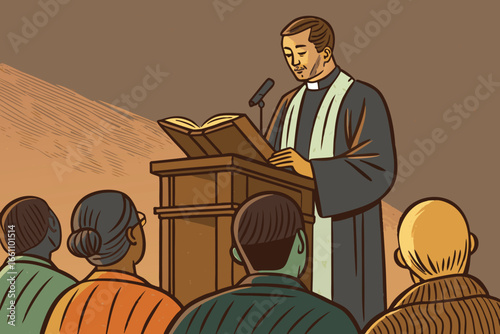 Priest passionately preaching from open bible at wooden pulpit, illuminated, sermon, worship, faith, inspiring, divine.