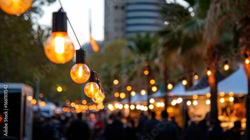 A string of warm-toned light bulbs hangs above a bustling street market.