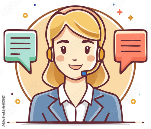 Friendly service representative with headset and speech bubbles offering communication and support