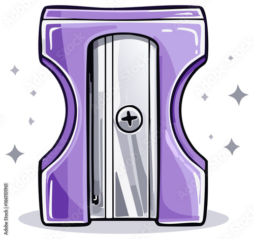 Vibrant purple pencil sharpener illustration with metallic blade and cartoonish style sparkles, perfect for educational resources.