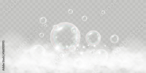Air bubbles on a transparent background. Soap foam vector illustration.
