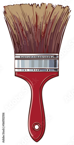 Crimson paint brush with brown bristles and a sleek handle. Illustration of paint brush.