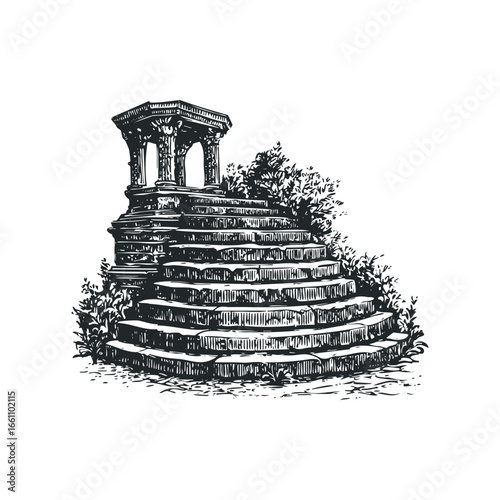 Ancient Stone Staircase Leading to Ornate Temple Structure with Overgrown Foliage