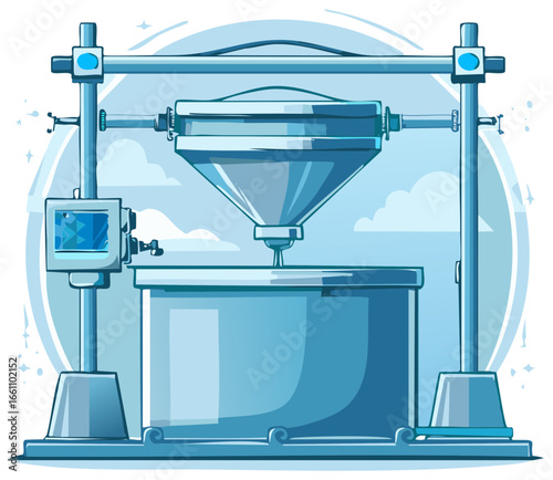 Modern industrial processing machine funneling materials into a large production tank