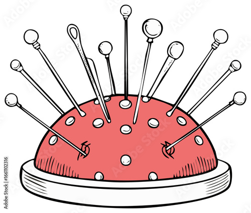 Hand drawn illustration of a classic red sewing pincushion with assorted pins and a needle