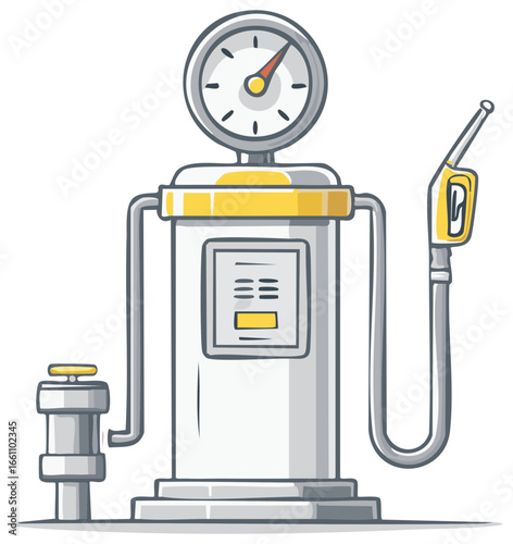 Illustrative Gas Pump Station with Nozzle and Gauge Depicted in Cartoon Style