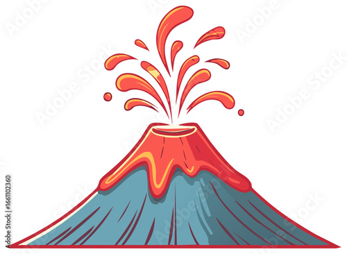 Cartoon Volcano Eruption Illustration with Hot Lava and Ash Spouting in the Air