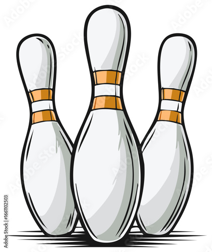 Bowling Pins Vector Illustration, White and Gold Stripes, Sport Activity