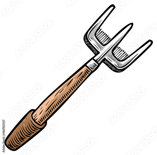 Handheld Garden Fork Tool with Wood Handle and Metal Tines for Cultivating and Digging
