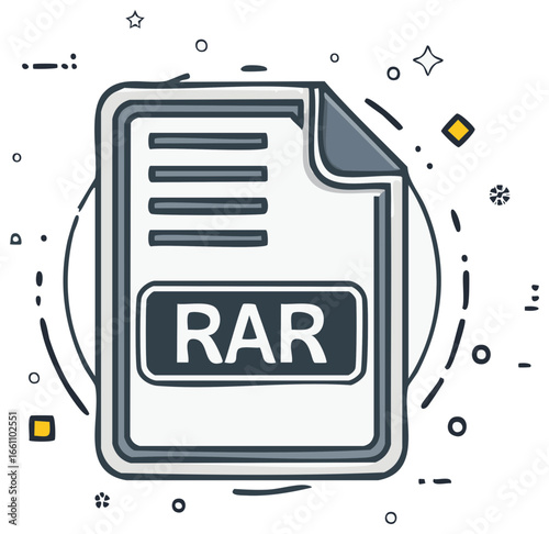 Digital RAR file icon illustration representing data compression and archive format concept