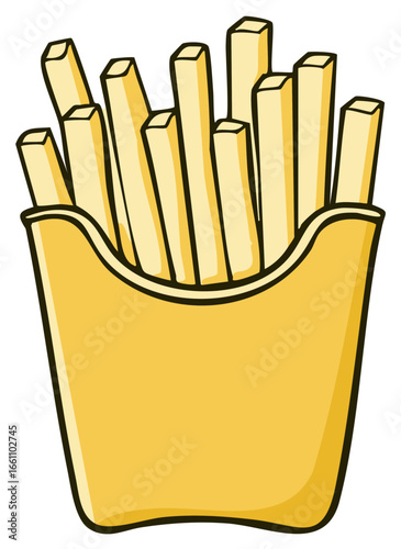 Cartoon style golden french fries in a vibrant yellow container delicious quick snack food graphic