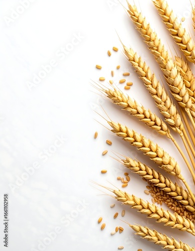 Wheat stalks and grains on white background