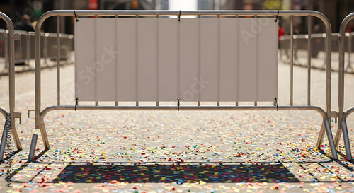 Metal barricades on a city street covered in scattered colorful confetti from a parade or large public celebration event