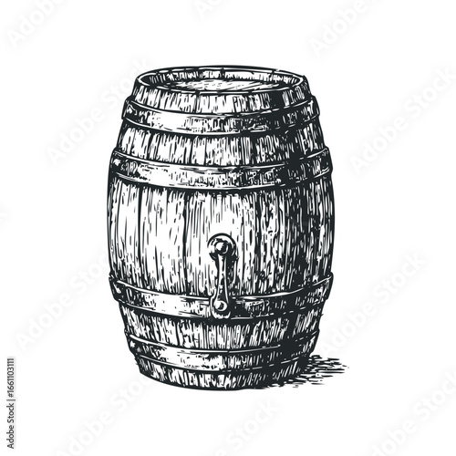 Wooden barrel with metal bands and spigot illustration