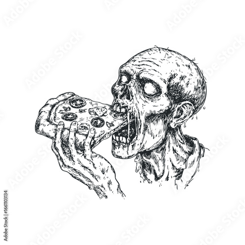 Grotesque zombie with decaying skin and vacant eyes devouring a slice of pizza with dripping cheese