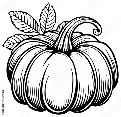 Engraved pumpkin illustration with stem and leaves black and white design for autumn harvest