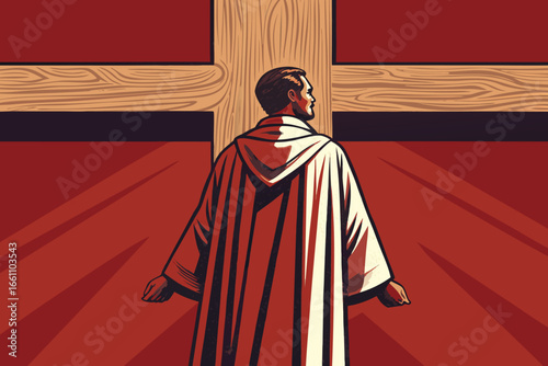 Priest stands solemnly before a grand, weathered wooden crucifix, bathed in soft, divine light.