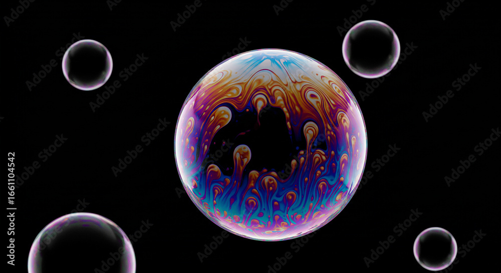 Fototapeta premium AI generative Explore mesmerizing patterns of iridescent soap bubbles floating in the dark against a black backdrop