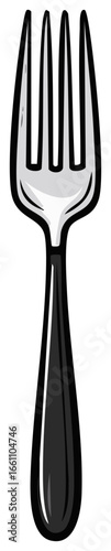 Black and white drawing of a fork with a silver tines and a simple black handle.