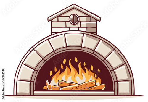 Stone Oven Illustration Featuring Burning Firewood Cartoon Style Isolated