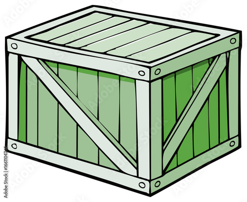 Cartoon illustration of a green wooden crate with a lid