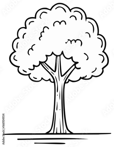 Black and white tree with bushy leaves in a cartoon style illustration