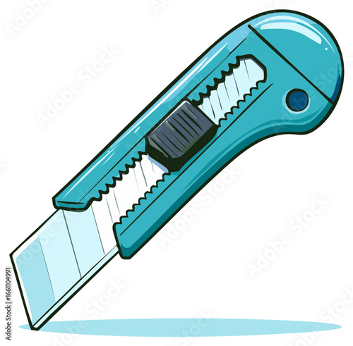 Illustration of a teal utility knife with exposed blade and hand drawn style.