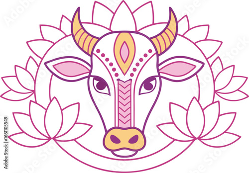 Stylized bull head with lotus flowers horns