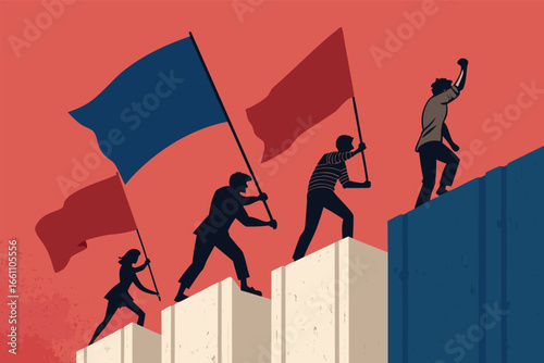 Protesters scaling barricades, a fiery spirit ignites revolutionary fervor amidst chaos.
