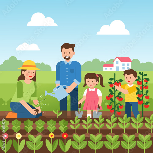 Family working together gardening vegetables in backyard