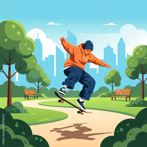 Young man performing skateboard trick in urban park with trees and city skyline in the background