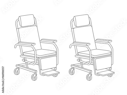 Medical recliner chair outline illustration for hospital and care facility use offering comfort and mobility with adjustable features and a minimalist design