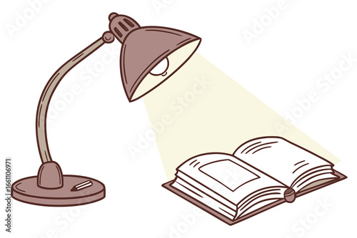 Table lamp shining light on open book vector