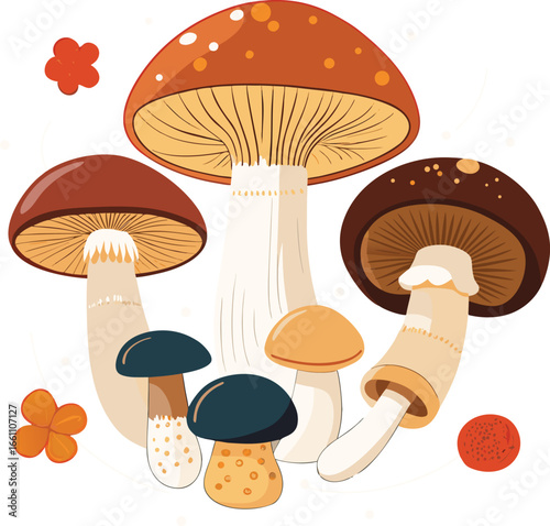 Illustrated guide to common edible mushrooms grown.