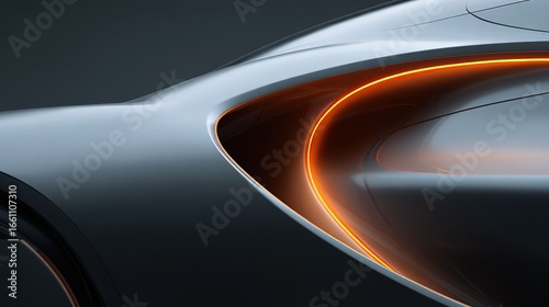 Dark gray background streamlined dual-curve design rendering with orange silver gradient, futuristic elegant form for industrial design or tech advertising