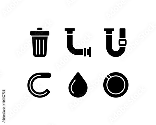 Set of Plumbing and Waste Management Icons in Black and White Minimalist Style Representing Sanitation Concepts