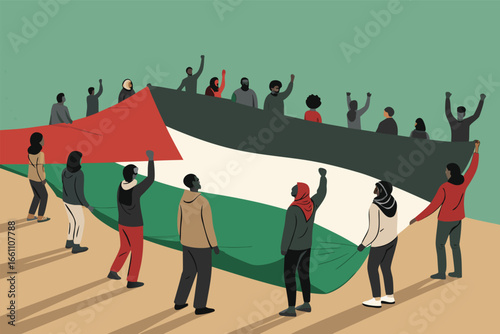 Protesters gathered on asphalt, holding a massive, unfurled banner displaying bold political slogans and symbols, signifying social unrest and activism.