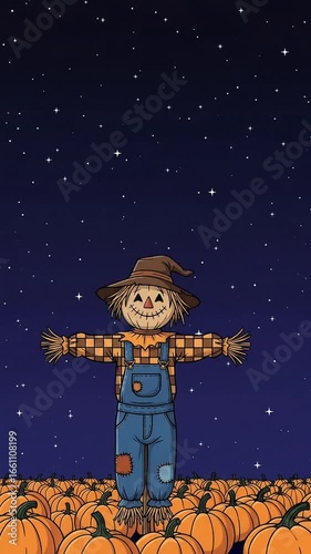 A cartoon-style scarecrow with a stitched smiley face stands in a pumpkin field under a starry night sky. The scarecrow wears a patched shirt, overalls, and a floppy hat, creating a festive Halloween.