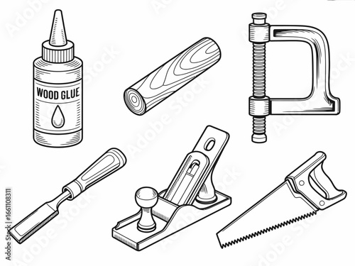 Woodworking Tools Collection Illustration featuring Wood Glue Chisel Hand Plane Clamp Saw and Wooden Dowel for DIY Projects and Carpentry
