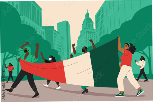 Protesters holding a massive banner, blocking a city street, demonstrating for social change and freedom.