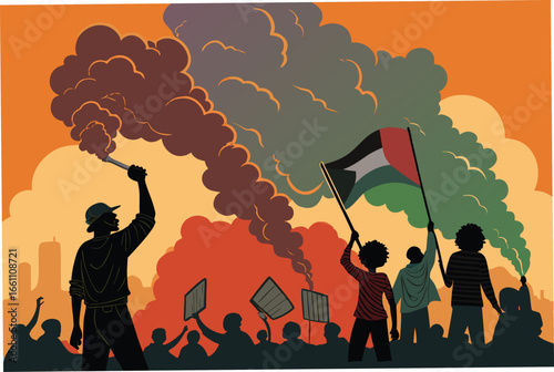 Dynamic protest scene, turbulent atmosphere, billowing smoke, vibrant flares, determined crowd, passionate energy, impactful visuals.